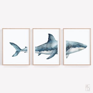 White shark, Art SET OF 3, Printable wall art, Shark art print, Watercolor shark poster, Dining room wall art, Modern Nautical Home Decor