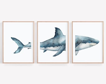May include: A set of three watercolor paintings featuring a great white shark. The first painting shows the shark's tail, the second shows the shark's side profile, and the third shows the shark's head and upper body.
