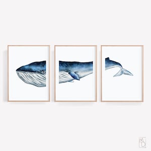 Blue whale, Art SET OF 3, Printable wall art, Whale art print, Watercolor whale poster, Kids room wall art, Modern Nautical Home Decor