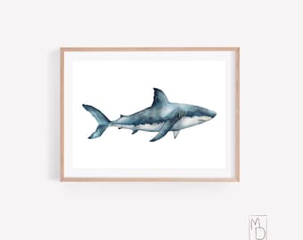 White shark, Printable wall art, Shark art print, Watercolor shark poster, Dining room wall art, Modern Nautical Home Decor, Sharklover gift