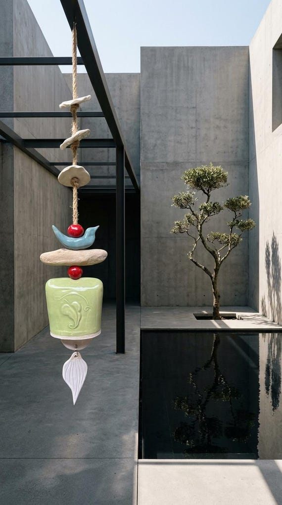 Handmade Ceramic Wind Bell with Blue Bird, Driftwood, and Leaf Detailing
