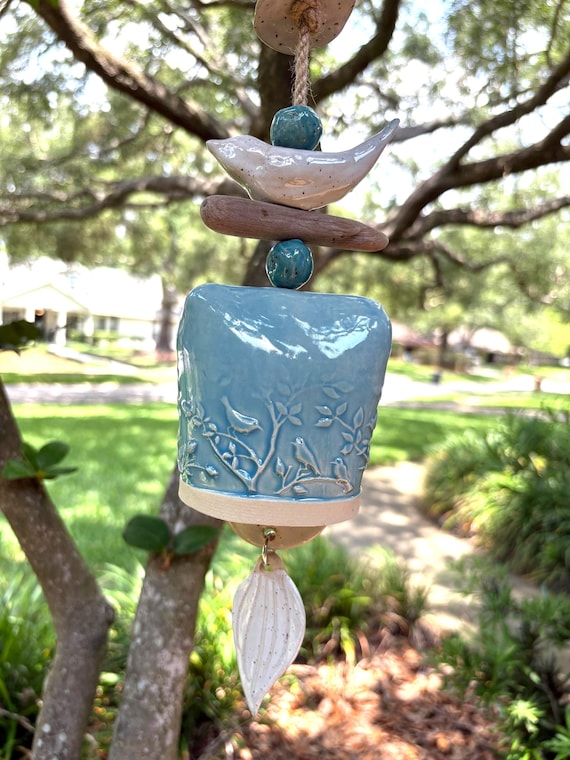 Handmade Ceramic Wind Bell with White Bird, Driftwood, and Leaf Detailing