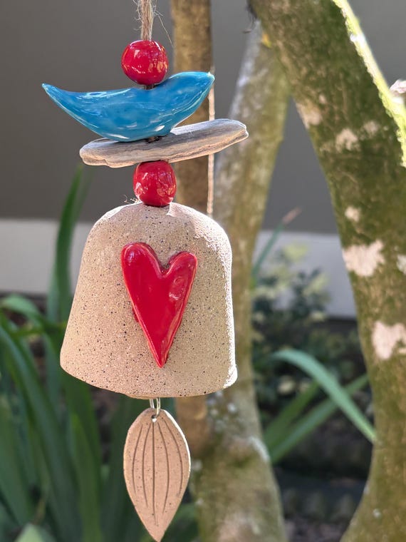 Handmade Ceramic Wind Bell with Red Heart, Blue Bird, and Driftwood Accent
