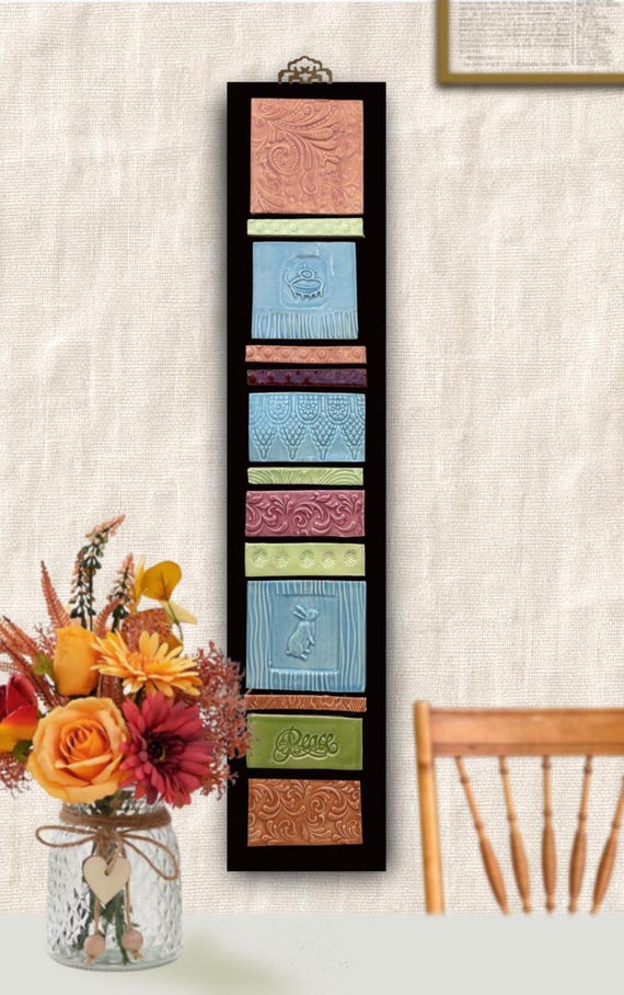 Colorful Ceramic Tile Wall Hanging – Handmade Clay Art with Rabbit and “Peace” Tiles