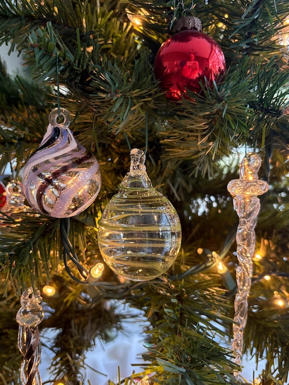 Set of 3 Handblown Glass Ornaments – Swirl Teardrop,  Green Stripe Globe & Twisted clear Icicle