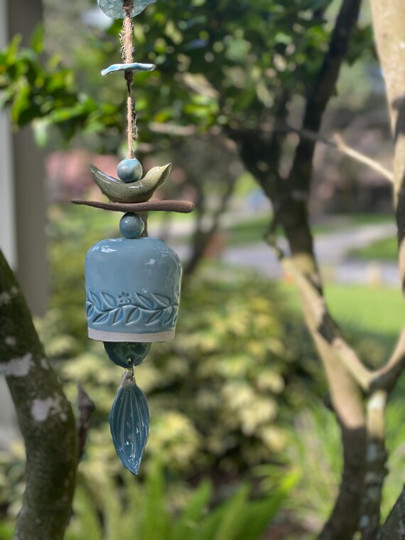 Whimsical Ceramic Wind Bell with Yellow Bird & Driftwood – Handmade Garden Chime