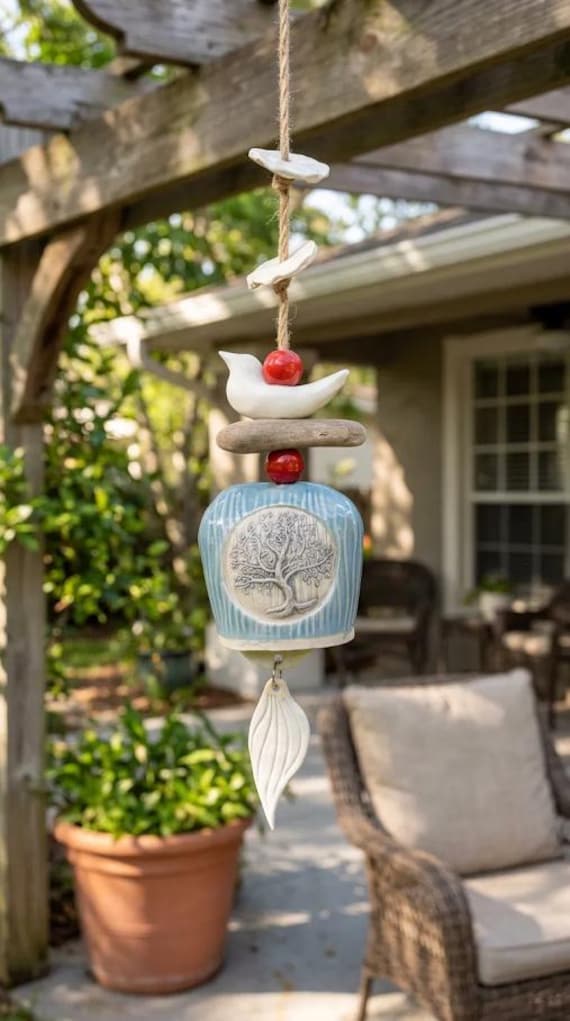 Handmade Ceramic Wind Bell with White Bird, Driftwood, and Tree of Life motif
