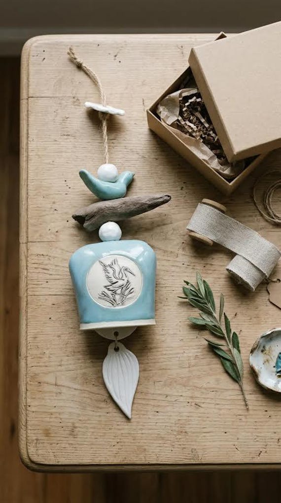 Handmade Ceramic Wind Bell With Wading Bird
