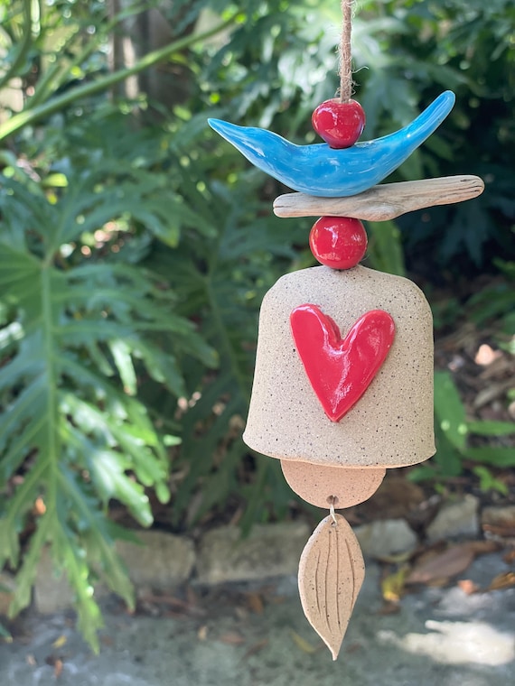 Handmade Ceramic Garden Bell with Heart and Bird – Whimsical Boho Outdoor Decor