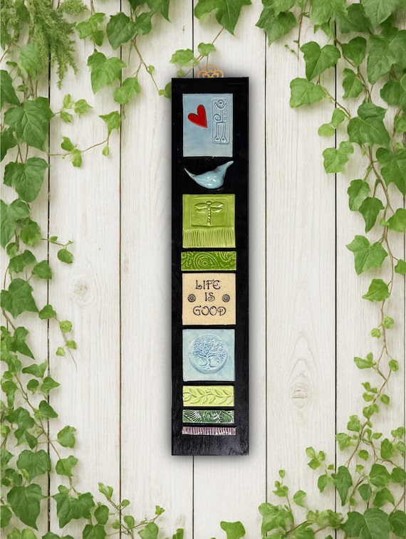 Handmade Embossed Ceramic Tile Wall Hanging – Whimsical Love & Nature Decor