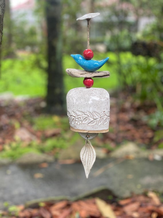 Handmade Ceramic Wind Bell with Blue Bird, Driftwood, and Leaf Detailing