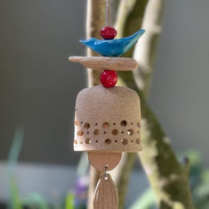 Ceramic Wind Bell with Blue Bird & Leaf – Handmade Garden Chime