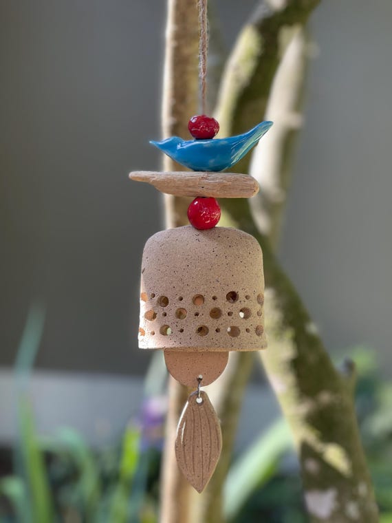 Ceramic Wind Bell with Blue Bird & Leaf – Handmade Garden Chime