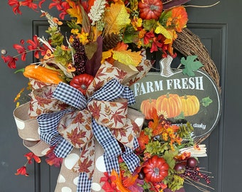 Grapevine Pumpkin Wreath - Fall Pumpkin Door Decor - Artificial Flowers - Pumpkins - Orange - Blue Checkered Ribbon - Fall Leaves Ribbon