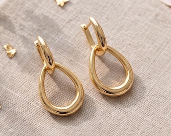 14K Gold Teardrop Hoop Earrings, Lightweight Dangle, Minimalist Everyday Jewelry