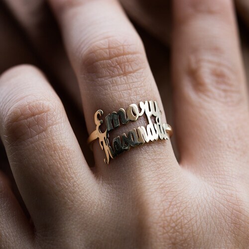 14K Solid Gold Handmade Personalized Two Finger Name Ring Fine - Etsy
