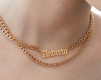 18K Gold Gothic Name Choker • Old English • Personalized Name Necklace • Gothic Curb Chain Name Necklace • Christmas Gift, WATERPROOF •