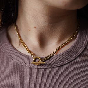 18K Gold Toggle Cuban Necklace, Layering Chain, T Bar Necklace, Toggle Clasp Choker, Christmas Gift, Curb Chunky Link Waterproof