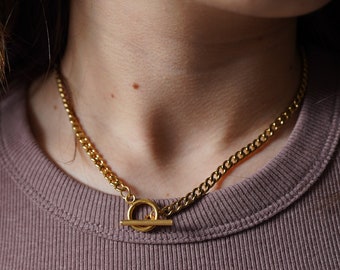 18K Gold Toggle Cuban Necklace, Layering Chain, T Bar Necklace, Toggle Clasp Choker, Christmas Gift, Curb Chunky Link Waterproof