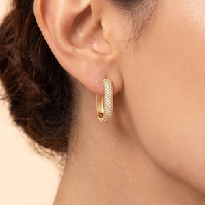 May include: A gold hoop earring with an elongated oval shape, featuring a pavé setting of small, clear, sparkling stones covering the entire outer surface of the metal band. The earring is secured through the earlobe with a hinged closure mechanism.
