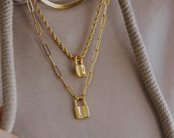 18K GOLD Padlock Necklace, Gold Lock Necklace, Padlock Choker, Christmas Gifts, Lock Layering Necklace, Perfect Gifts For Her, Lock Choker