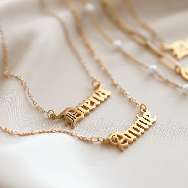 18K Gold Old English Name Necklace, Figaro Waterproof Name Necklace, Gold Custom Necklace, Personalized Christmas Gift, ANTI TARNISH