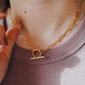 18K Gold Toggle Link Necklace, Paperclip Layering Chain, T Bar Necklace, Toggle Clasp Choker,  Anti Tarnish , Mothers Day Gift, Gift for mom