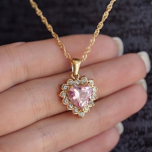 18K Gold Heart Necklace, Halo Diamond Heart Jewelry, Wedding Jewelry, Wedding Necklace, Christmas Gift, Pink Heart Necklace, Pink Gifts,