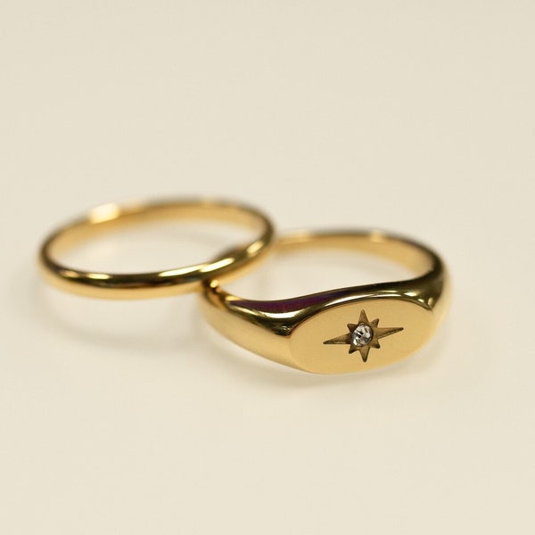 Iconic Star Ring SET, 18k Signet Ring, Gold Starburst Ring, Pinky Ring, Polaris Ring, Waterproof Ring, Tarnish Free Ring, North Star Ring