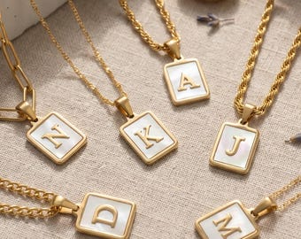 Gold Mother of Pearl Initial Necklace, Initial Necklace, Letter Necklace, Mothers Day Gift, Waterproof Necklace, Gift for Mom, Initial Charm