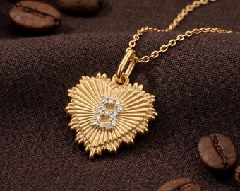 14k Gold Ribbed Heart Initial Diamond Charm Necklace, Sunburst Pendant