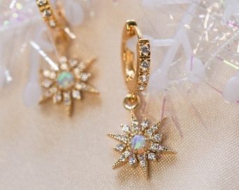 18K Gold Opal Star Earrings, Opal Star Drop Earrings, CZ Star Necklace, 18K GOLD Chain, Dainty Earrings, Birthday, Christmas Gift Idea