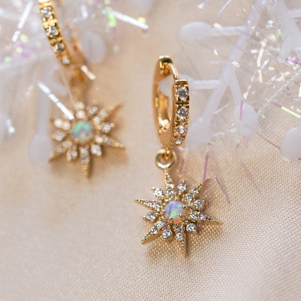 18K Gold Opal Star Earrings, Opal Star Drop Earrings, CZ Star Necklace, 18K GOLD Chain, Dainty Earrings, Birthday, Christmas Gift Idea