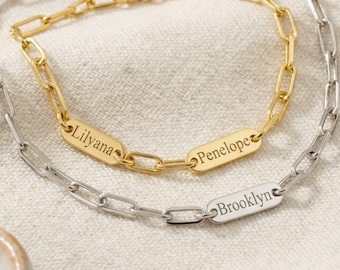 Engraved Name Bar Bracelet, Sterling Silver Paperclip Chain, Personalized Charm