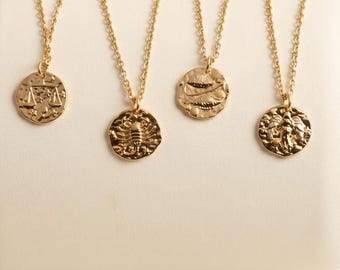Constellation Birthstone Necklace, Zodiac Necklace, Birthday Gift, Coin Birth Sign Disc Charm