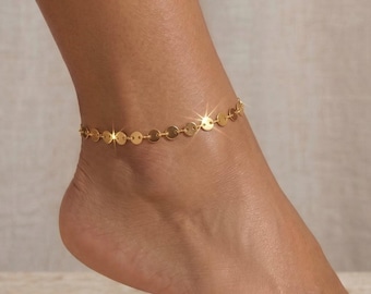 14K Gold Filled Sequin Disc Chain Anklet, Stacking Anklet, Layering Anklet, Trendy Anklet, Summer Beach Jewelry, Waterproof Anklet