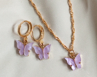ALARRI 14K Solid Rose Gold Butterfly Necklace w/ Purple Amethysts with 22 Inch Chain Length 