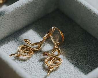 Gold Filled Snake Earrings, Serpent Dangle Earrings, Reptile Earrings, Snake Jewelry, Serpent Jewelry, Christmas Gift for Snake owner