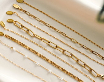 Gold Chain Bracelet, Curb Chain Bracelet, Link Chain Bracelet, Pearl Satellite Bracelet, Cable Chain Bracelet, Christmas Gift