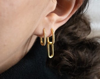 Pave Link Hoop Earrings, Chainlink Drop Earrings, Hardware Earrings, Minimalist Earrings, Gift for her, Christmas Gift