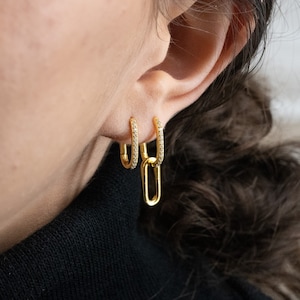 Pave Link Hoop Earrings, Chainlink Drop Earrings, Hardware Earrings, Minimalist Earrings, Gift for her, Christmas Gift
