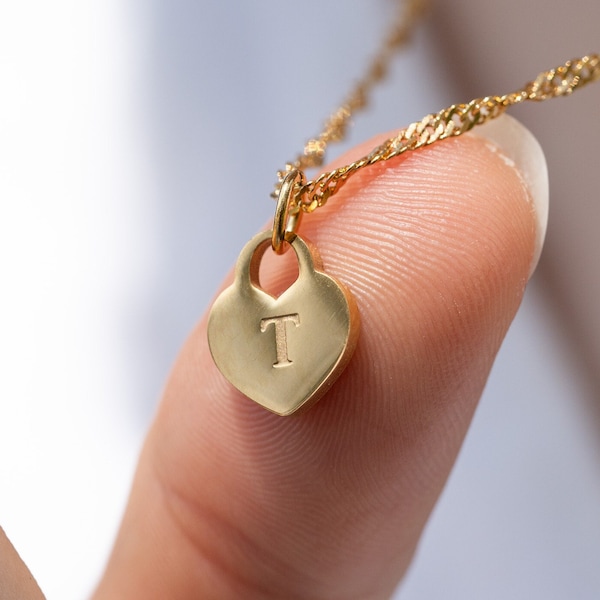 Initial Necklace by Babeina, Tiny Heart Pendant, Gift For Mom, Letter Lock Necklace, Engraved Heart Necklace, Dainty Initial Tag Necklace