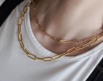 18K Gold Paper Clip Necklace, Minimalist Necklace Chain 18K Gold Paper Clip Necklace, Minimalist Necklace Chain