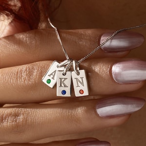 Initial Birthstone Tag Necklace, Engraved  Necklace, Letter Charm with birthstone, Multiple Initial Necklace, Personalized Christmas Gift