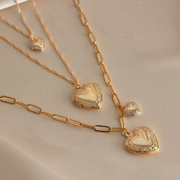 Gold Heart Locket Necklace, Big heart Locket, Vintage Locket Necklace, Sibling, Best Friend, Personalized gift for her, Christmas Gift