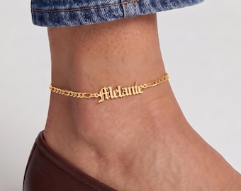 Personalized Gift for Her, Gold Name Anklet, Old English Name Anklet, Christmas Gift, Waterproof Jewelry, Gothic Anklet