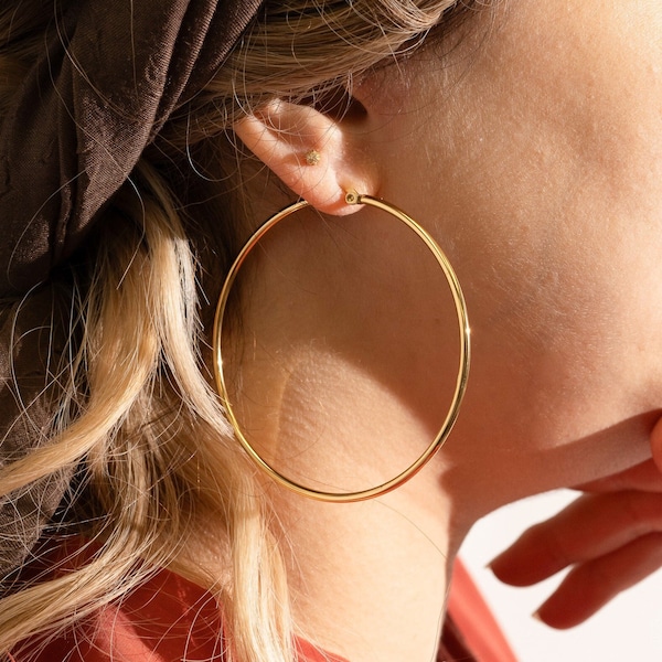 Large Hoop Earrings, Gold Hoop Earrings, Oversized Hoop Earrings, 60mm, Endless Hoop Earrings, Big Thin Gold Hoops,