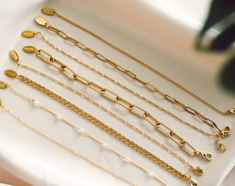 18K Gold Filled Chain Bracelet, Curb Chain Bracelet, Link Chain Bracelet, Pearl Bead Chain Bracelet, Cable Chain Bracelet, Christmas Gift