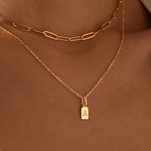 May include: Two gold necklaces layered together. The top necklace has a chain of elongated links. The bottom necklace has a small rectangular pendant with the letter "A" engraved on it. The necklaces are worn around the neck.
