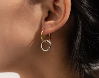 Interlocking Hoop Earrings by Babeina, Gold Ring Earrings, 2-Tones Silver Gold Circle Earrings, Double Loop Creole, Double Circle Earrings